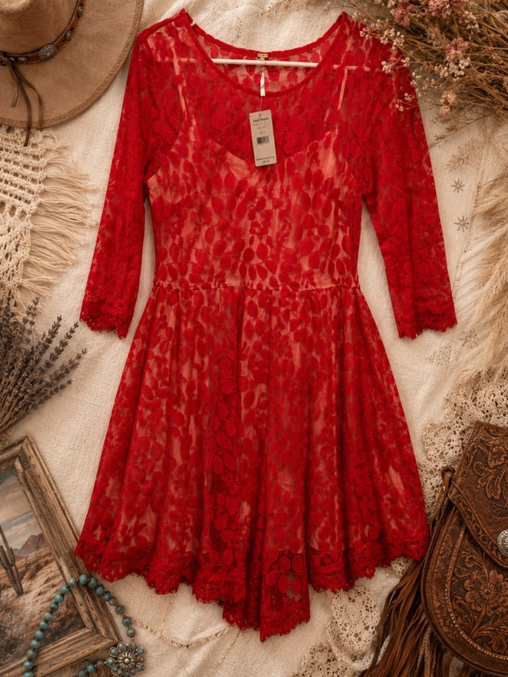 Free People Brick Red Lace Party Dress NWT Boho Fit Flare
